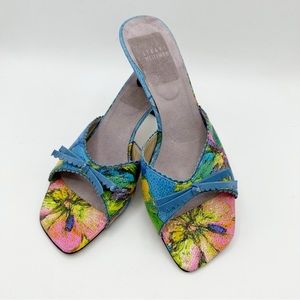 90s Y2K Stuart Weitzman Square Toe Sky Blue Bright Print Leather Kitten Mule